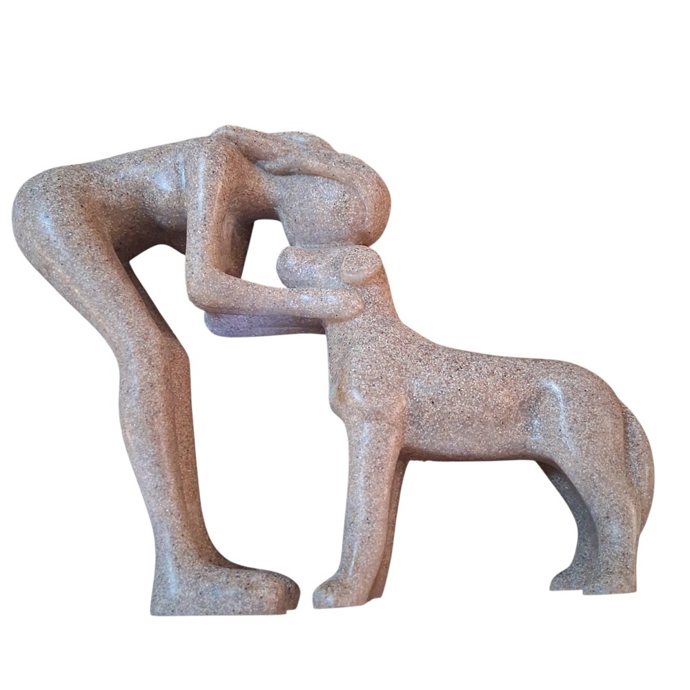 Sandstone Sculpture Woman Kissing Dog Puppy Lover Statue Decoration Collectible